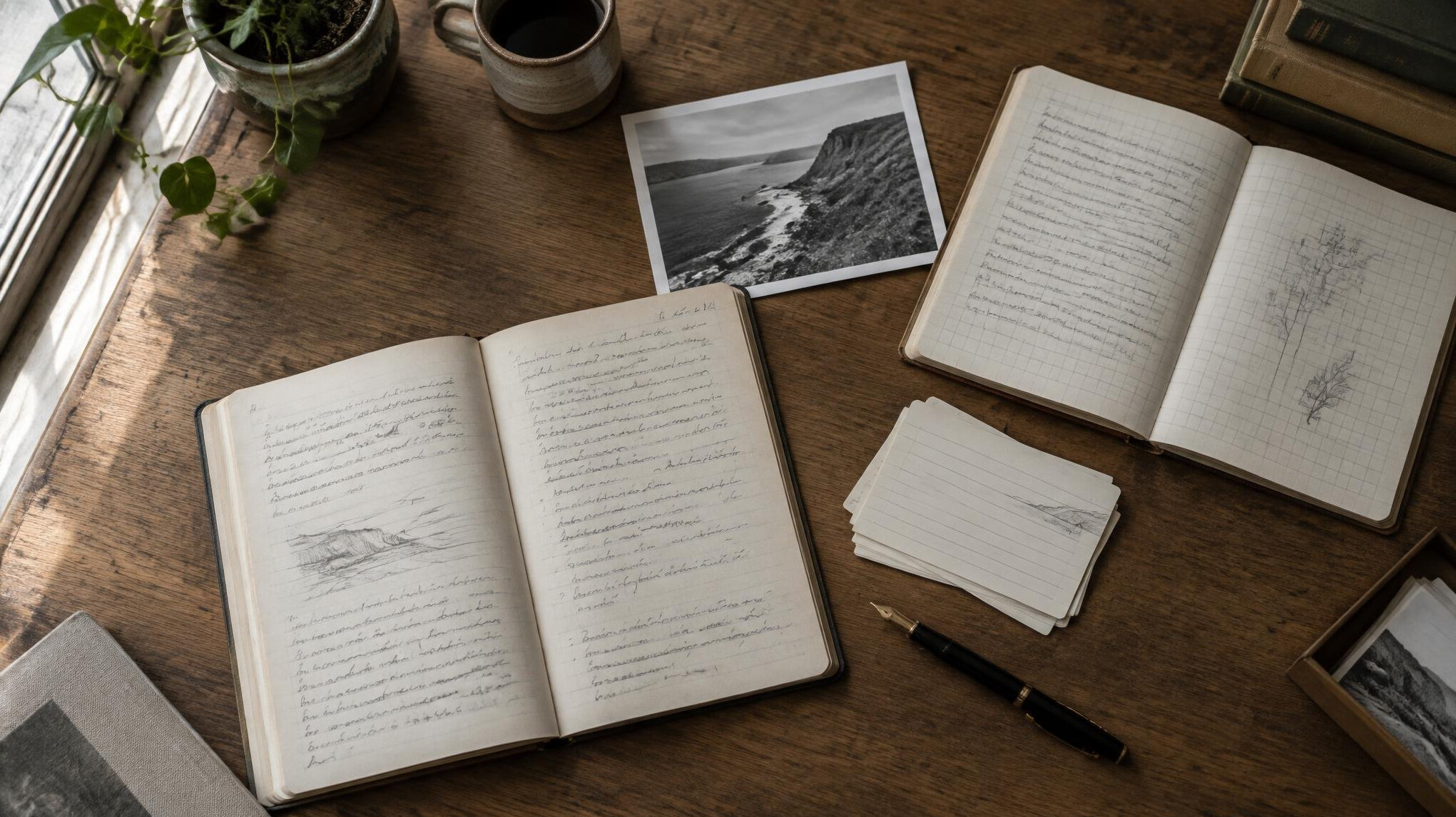Forschungsnotizen, aufgeschlagene Notizbücher und ein Fotoabzug auf einem Holztisch