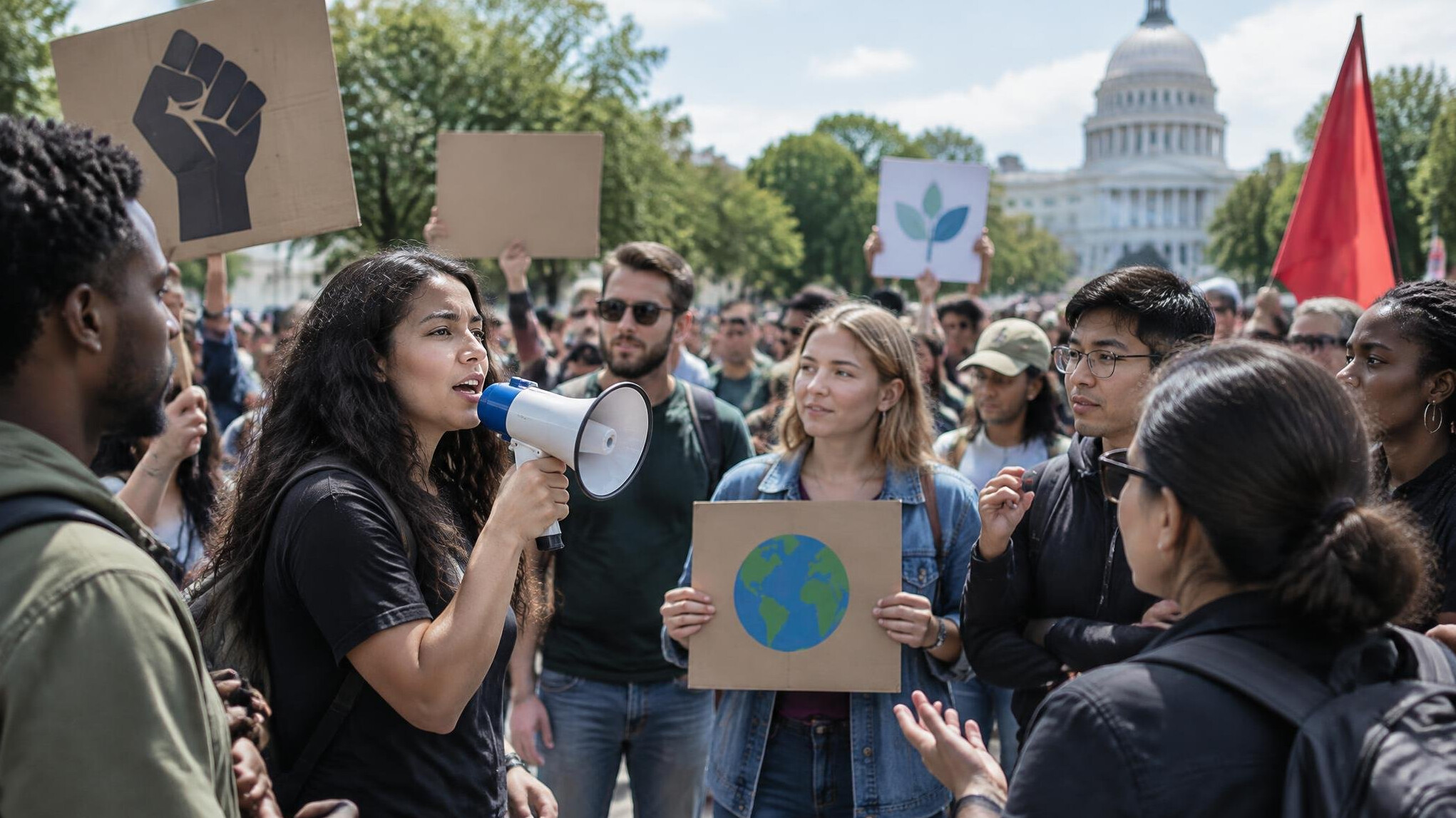 crowd protesting with signs