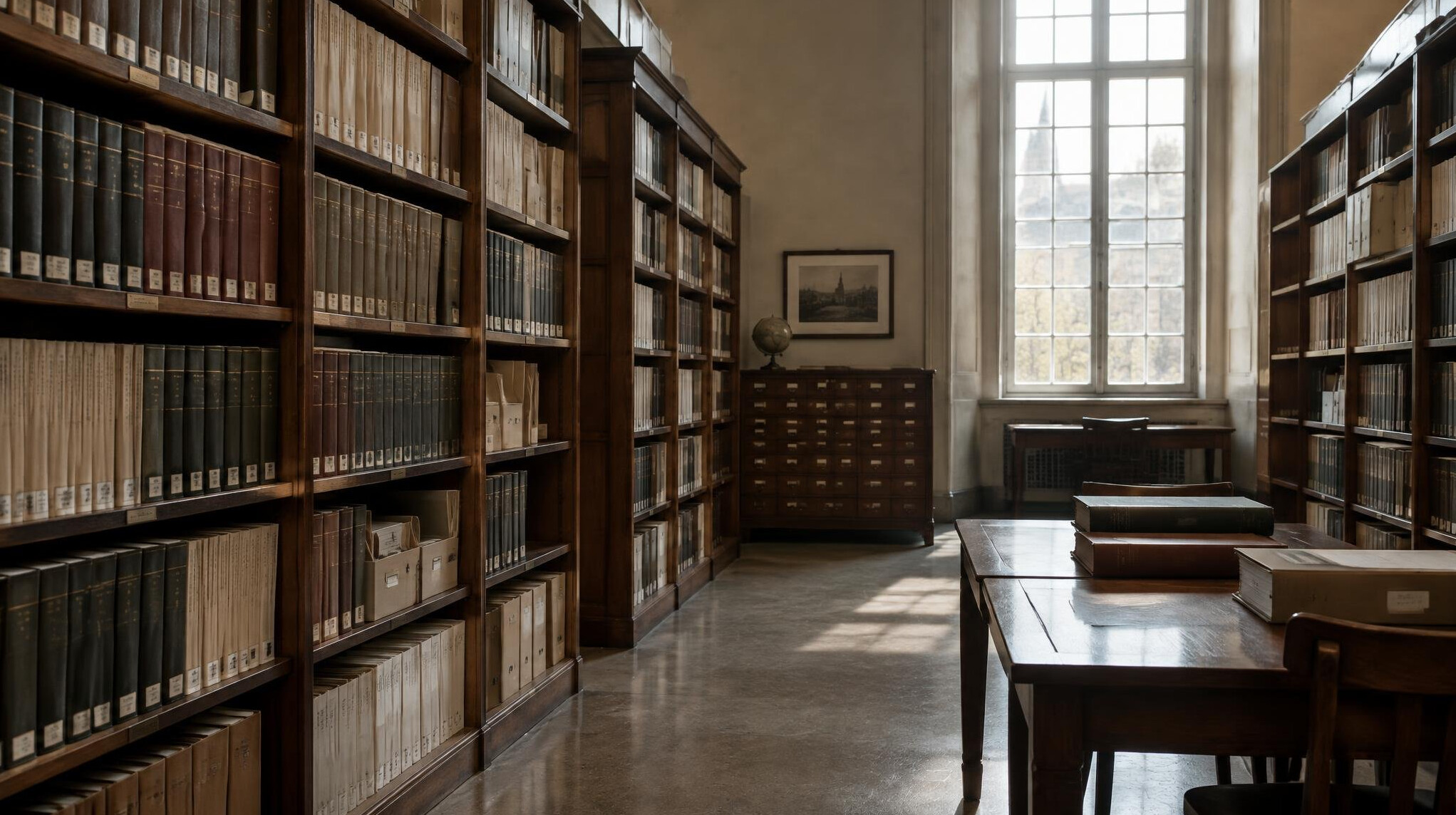Bibliotheksarchiv mit hohen Regalen voller Akten