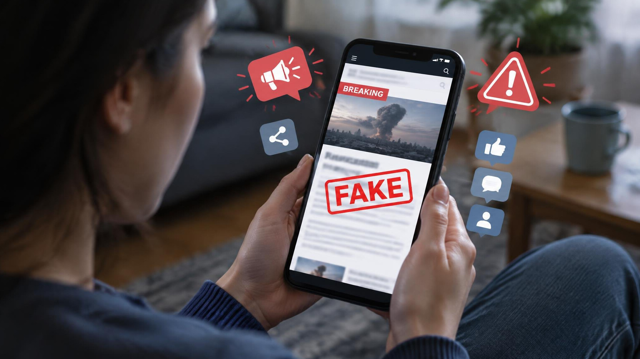 person reading fake news on phone